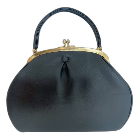 Vintage Black Leather Evening Bag Kisslock Frame Purse - Picture 1 of 7